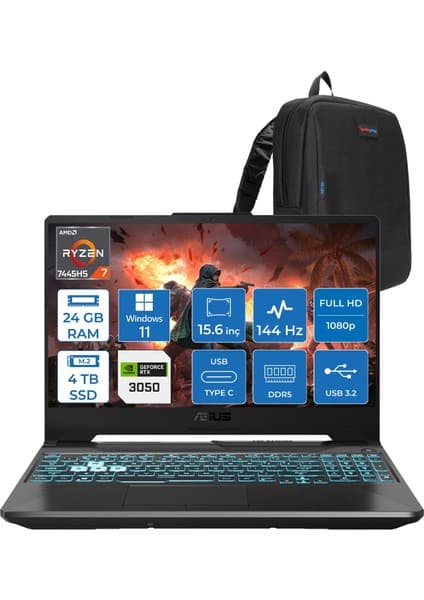 Asus Tuf Gaming A15 – FA506NCG Amd Ryzen 7-7445HS 24GB Ddr5 4tb SSD Rtx 3050/4GB 75W 15.6 Inç Full Hd 144Hz Ips-Level WIN11PRO Gaming Bilgisayar HN206AF10+ZETTAÇANTA