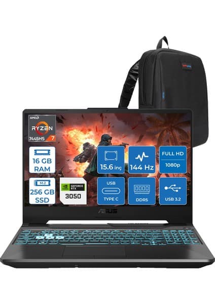 Asus Tuf Gaming A15 – FA506NCG Amd Ryzen 7-7445HS 16GB Ddr5 256GB SSD Rtx 3050/4GB 75W 15.6 Inç Full Hd 144Hz Ips-Level Freedos Gaming Bilgisayar HN206AF01+ZETTAÇANTA