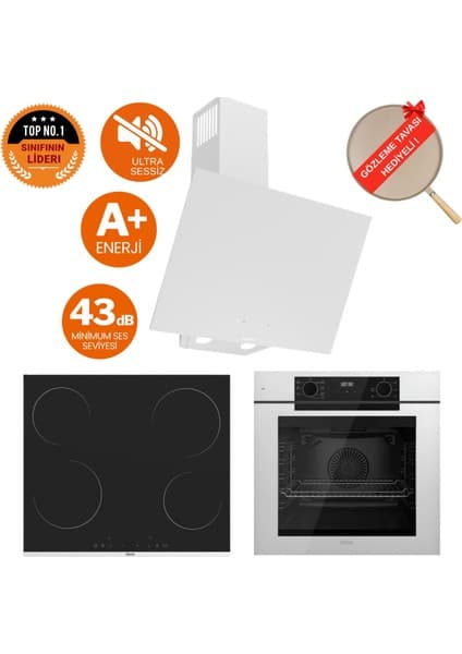 Ferre Fryart & Flowart Meta Sessiz Davlumbaz Elektrikli Beyaz Ank. Set (D078-SA + MS261 + QEP63CB)