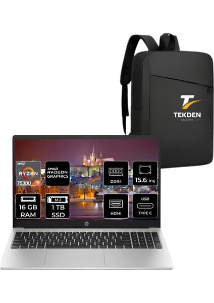 Hp 255 G10 Amd Ryzen 5 7530U 16GB 1tb SSD 15.6'' Fhd Fdos Taşınabilir Bilgisayar 8A547EA &tekdençanta