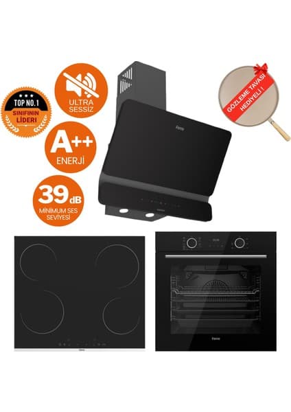 Ferre Fryart & Flowart Libero Sessiz Davlumbaz Elektrikli Siyah Ank. Set (D080-SA + MS261 + XE63CS)