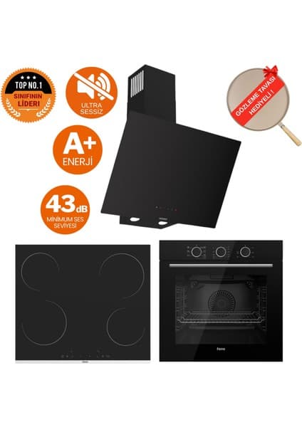 Ferre Fryart & Flowart Legno Sessiz Davlumbaz Elektrikli Siyah Ank. Set (D077-SA + MS261 + QXE62CS)