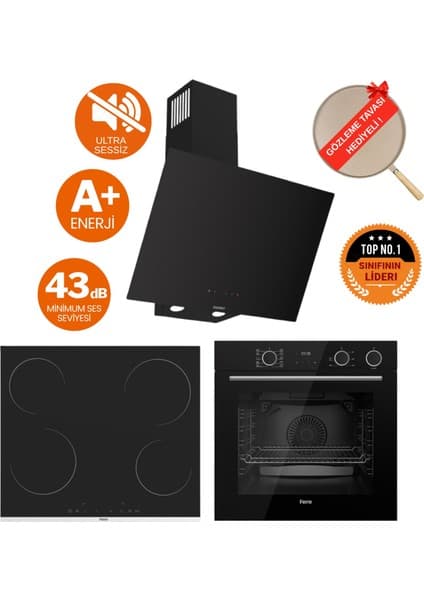 Ferre Fryart & Buharlı Elio Sessiz Davlumbaz Elektrikli Siyah Ank. Set ( D077-SA + MS261 + XE64CS )