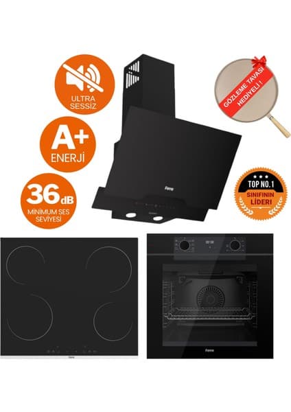 Ferre Fryart& Flowart Lenon Sessiz Davlumbaz Elektrikli Siyah Ank. Set (D063-SA + MS261 + QEP63CS)