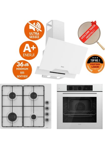 Ferre Silenart Riggo Ultra Sessiz Beyaz Ankastre Set ( D064 -Sa + EL066 Emaye Ocak + QBL62CB )