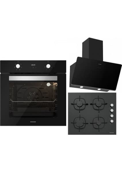 Silverline Soho Siyah Ankastre Set: 60 cm Cam Davlumbaz, Cam Ocak ve Fırın
