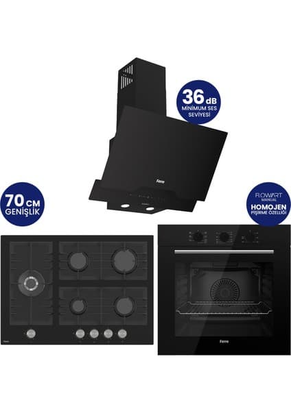 Ferre Flowart Turbolu 5 Gözlü Silenart Siyah Cam Ankastre Set QBL62CS - BL135 - D063SA