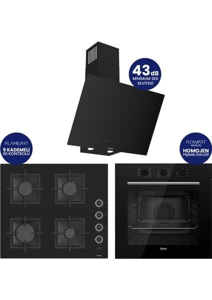 Ferre Flowart Turbolu Siyah Cam Silenart Ankastre Set ( Kaymaz Döküm Izgara ) QBL62CS - SC205 - D077SA