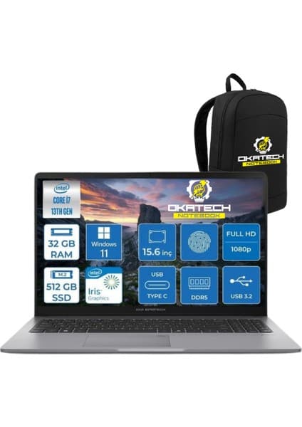 Asus Expertbook P1 P1503 Intel Core I7-13700H 32GB Ddr5 512GB SSD Wın 11 Pro 15.6 Fhd Intel UHD Taşınabilir Bilgisayar + NOTEBOOK ÇANTASI