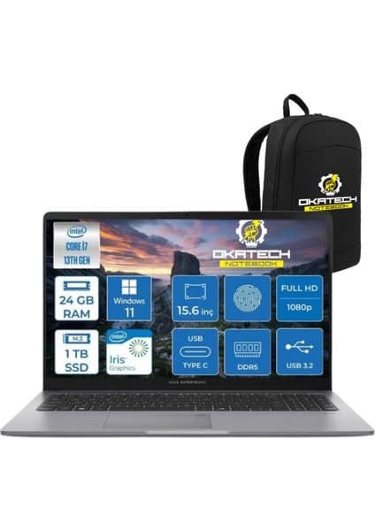 Asus Expertbook P1 P1503 Intel Core I7-13700H 24GB Ddr5 1 TB SSD Wın 11 Pro 15.6 Fhd Intel UHD Taşınabilir Bilgisayar +  NOTEBOOK ÇANTASI