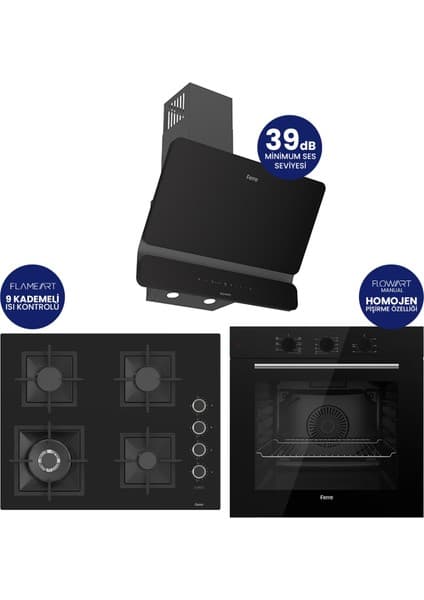 Ferre Flowart Turbolu Amörtisörlü Silenart Siyah Cam Ankastre Set ( 65 cm Woklu Ocak ) QBL62CS - SC405 - D080SA