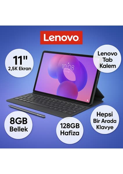 Lenovo Idea Tab Tablet - Dokunmatik 11INÇ 2.5k 90Hz Mat Ekran - 8gb Bellek - 128GB Depolama - Dolby Atmos® Hoparlörler + Lenovo Tab Kalem + Hepsi Bir Arada Klavye + Onerous Ürünler