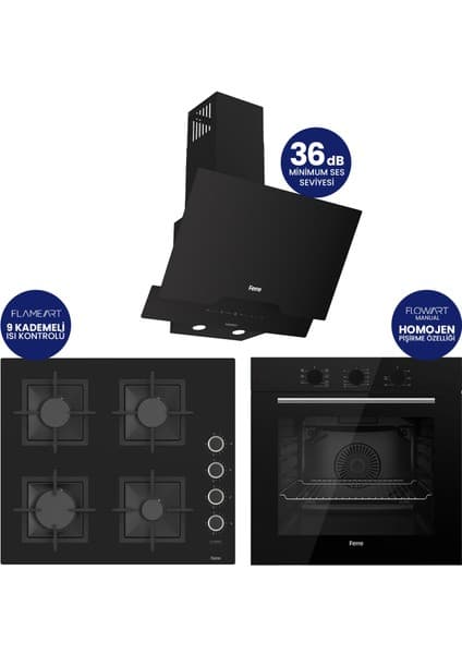 Ferre Flowart Turbolu Siyah Cam Silenart Ankastre Set ( Kaymaz Döküm Izgara ) QBL62CS - SC205 - D063SA