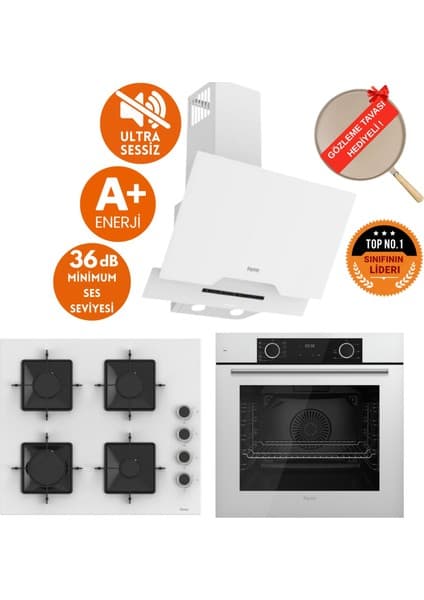 Ferre Fryart & Flowart Alpin Sessiz Davlumbaz Beyaz Ankastre Set ( D064-SA + SS206 + XE63CB )