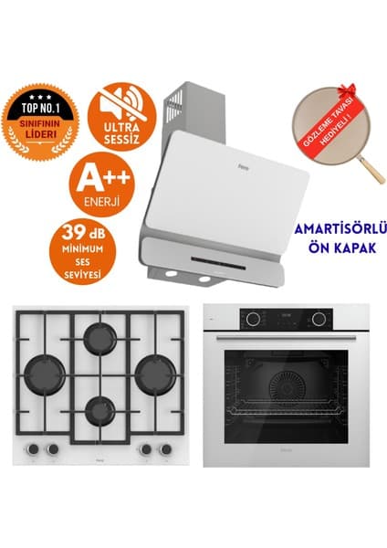 Ferre Fryart & Flowart Hero Sessiz Davlumbazlı Beyaz Cam Ankastre Set ( D081-SA + LN386 + XE63CB )