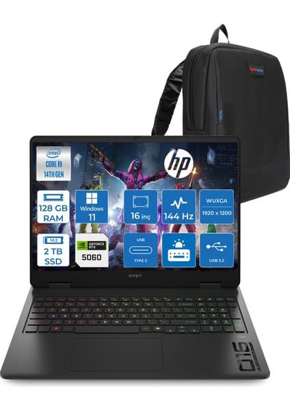 Hp Omen 16-AM0033NT Intel Core I9 14900HX 128GB Ddr5 2tb SSD RTX5060 8gb Gddr7 Windows 11 Home 16 Inç Wuxga (1920X1200) 144Hz 300NITS IPS Taşınabilir Bilgisayar WC39J7EAH51 + Zetta Çanta