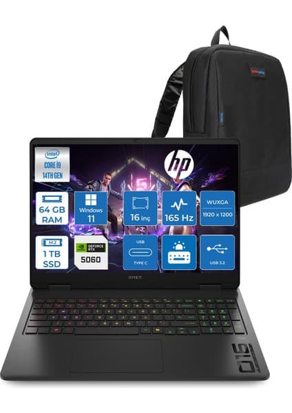 Hp Omen 16-AM0007NT Intel Core I9 14900HX 64GB Ddr5 1tb SSD RTX5060 8gb Gddr7 Windows 11 Home 16 Inç IPS Wuxga (1920X1200) 165Hz 3ms 400NITS 100% Srgb Taşınabilir Bilgisayar WBQ3Q8EAH32 + Zetta Çanta