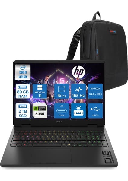 Hp Omen 16-AM0007NT Intel Core I9 14900HX 80GB Ddr5 2tb SSD RTX5060 8gb Gddr7 Windows 11 Pro 16 Inç IPS Wuxga (1920X1200) 165Hz 3ms 400NITS 100% Srgb Taşınabilir Bilgisayar WBQ3Q8EAP39 + Zetta Çanta