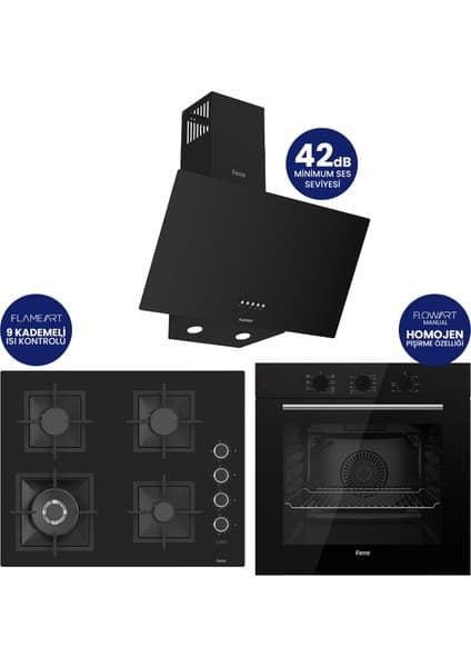 Ferre Flowart Turbolu Siyah Cam Ankastre Set ( 65 cm Woklu Ocak ) QBL62CS - SC405 - D086SA