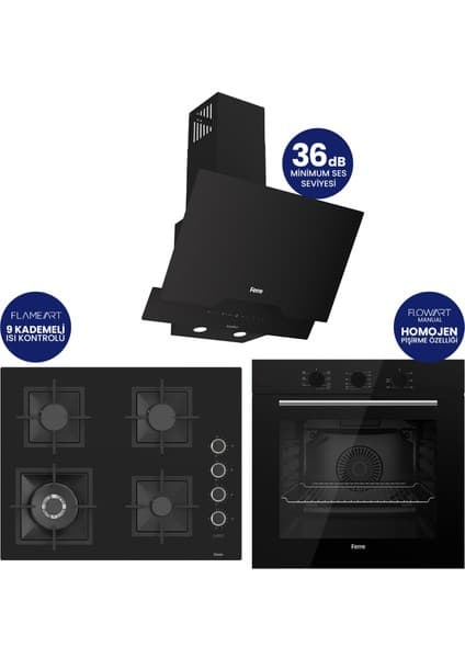 Ferre Flowart Turbolu Silenart Siyah Cam Ankastre Set ( 65 cm Woklu Ocak ) QBL62CS - SC405 - D063SA