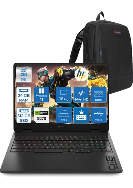 Hp Omen Gaming Intel® Core™ 7 240H Aı Ddr5 24GB 512GB SSD 8GB/RTX5070 16\