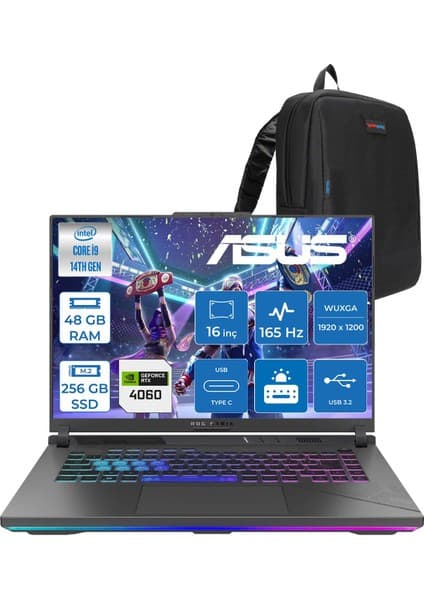 Asus Rog Strix G16 G614JVR 14. Nesil Intel I9-14900HX 48GB Ddr5 256GB SSD RTX4060/8GB 140W 16 Inç (1920 x 1200, Wuxga) 165Hz IPS Freedos Gaming Bilgisayar WN3095F16+ZETTAÇANTA
