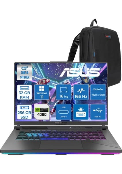 Asus Rog Strix G16 G614JVR 14. Nesil Intel I9-14900HX 32GB Ddr5 256GB SSD RTX4060/8GB 140W 16 Inç (1920 x 1200, Wuxga) 165Hz IPS WIN11PRO Gaming Bilgisayar WN3095P11+ZETTAÇANTA