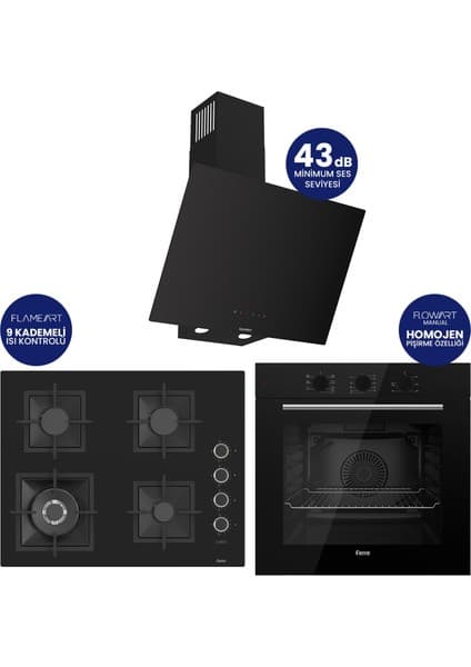 Ferre Flowart Turbolu Silenart Siyah Cam Ankastre Set ( 65 cm Woklu Ocak ) QBL62CS - SC405 - D077SA