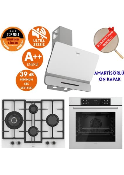 Ferre Fryart&flowart One Sessiz Davlumbaz Beyaz Cam Ankastre Set ( D081-SA + ED076-WFA + XE63CB )