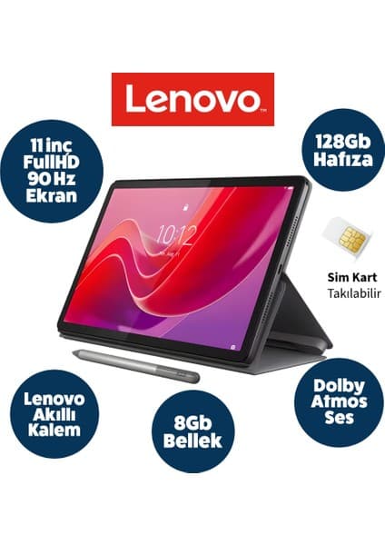 Lenovo Sim kartlı Tablet Donkunmatik 11inç Fullhd IPS Ekran 8 Çekirdekli Tab M11 8gb Ram 128GB Hafıza (Kalem ve Kılıf ile Birlikte)