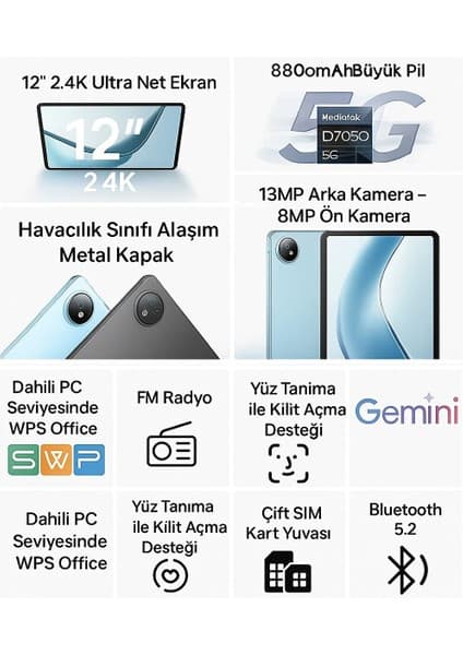 Doogee V Pad 5g 12" 8 GB Ram 256 GB SİM KARTLI Android 15 Tablet Siyah 8