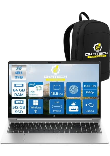 Hp Probook 450G10 İ5-1334U 64 GB Ram 512 GB Nvm SSD 15.6”fhd WİN11PRO Notebook+Okatech Çanta