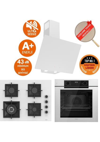 Ferre Fryart & Silentart Fivo / Sessiz Beyaz Ankastre Set (D078-SA + QEP63CB +SC406-WFA Wok)