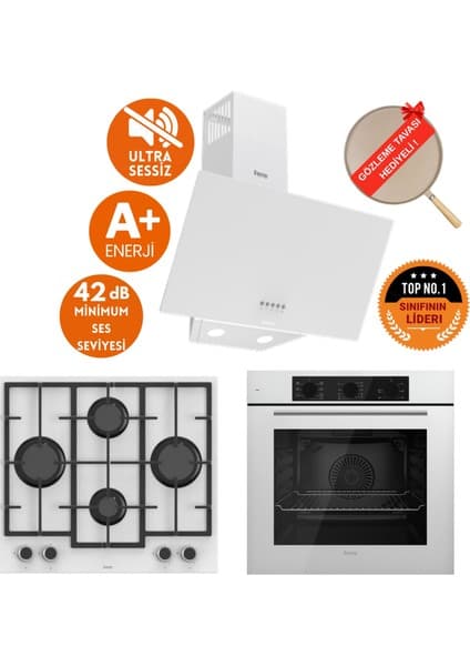 Ferre Flowart & Silentart Fumo Yeni Seri Sessiz Beyaz Ankastre Set ( D087-SA + QBL62CB + LN386 )