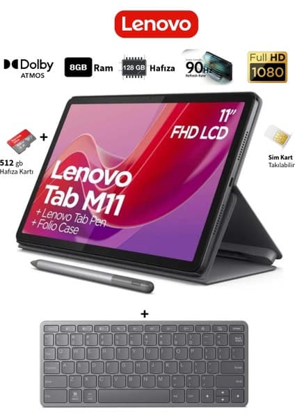 Lenovo Simkartlı ve Klavyeli 11INC IPS Ekran 8 Çekirdekli Tab M11 8gb Ram 128GB Hafıza + 512GB Bellek+Lenovo Kablosuz Klavye