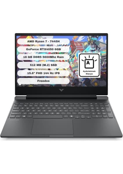 Hp Victus 15-FB3038NT BX9U9EA 6gb RTX4050 Amd Ryzen 7 7445H 16GB Ram 512GB SSD 15.6 Inç Fhd 144Hz Freedos Taşınabilir Bilgisayar
