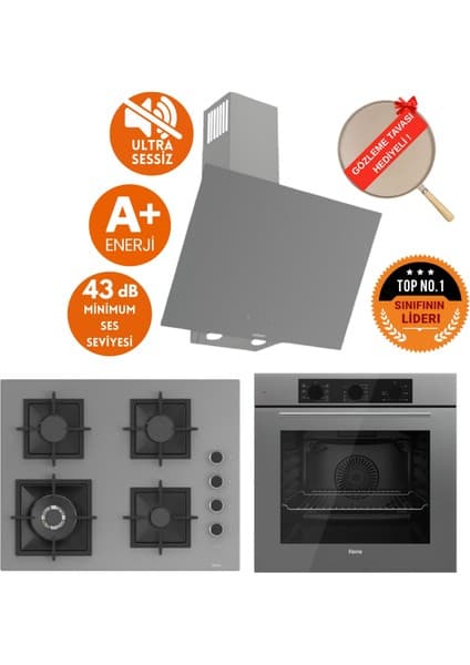 Ferre Flowart&silentart Vıyu/sessiz Antrasit Gri Ankastre Set (D079-SA + QBL62CPR +SC408-WFA 1'wok)
