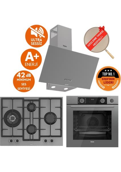 Ferre Fryart&silentart-Steamart Qm Sessiz Antrasit Gri Ankastre Set (D088-SA+XE64CPR+ED078-WFA Wok)