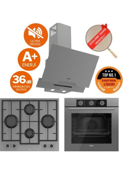 Ferre Fryart&silentart Nore/ Sessiz Yeni Seri Antrasit Gri Ankastre Set (D065-SA + QXE62CPR +LN388)