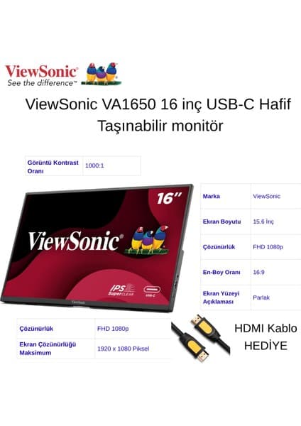 Viewsonic VA1650 16 Inç Usb-C Hafif Taşınabilir IPS Monitör+Hdmı Kablo Hediye