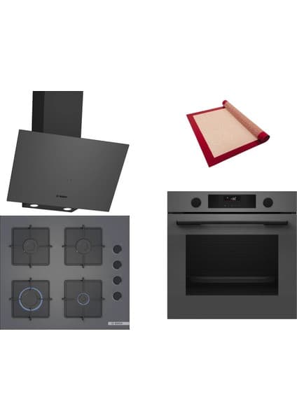 Bosch Gri 3 lü Ankastre Set 342 ( HUA736EN0T - POP6C9P30O - DWK64PJ70T ) - Buhar Destekli - Fırın Matı ile