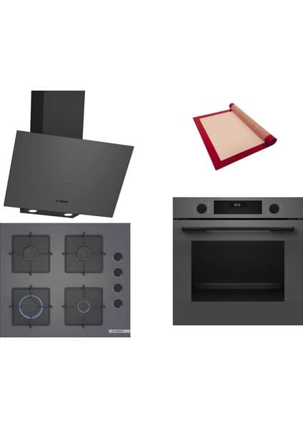 Bosch Gri 3 lü Ankastre Set 337 ( HUA717BN0T - POP6C9P30O - DWK64PJ70T ) - Buhar Destekli - Fırın Matı ile