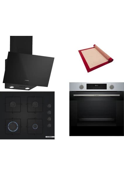 Bosch Siyah 3 lü Ankastre Set 338 ( HUA717BR0T - POP6C6P30O - DWK63PJ60T (61T) ) - Buhar Destekli - Fırın Matı ile