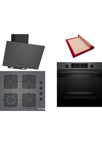 Bosch Gri 3 lü Ankastre Set 341 ( HUA736EG0T - POP6C9P30O - DWK64PJ70T ) - Buhar Destekli - Fırın Matı ile