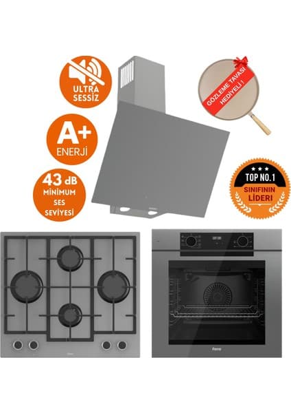 Ferre Fryart & Silentart Luo Yeni Seri Sessiz Antrasit Gri Ankastre Set (D079-SA+ QEP63CPR +LN388 )