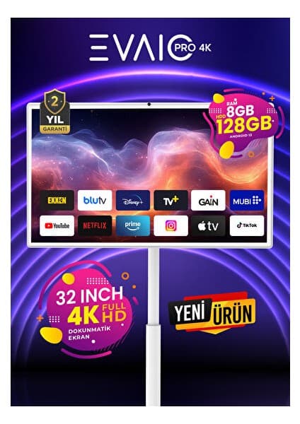 EVAİO Pro 4K 32" Android Smart Taşınabilir LED TV