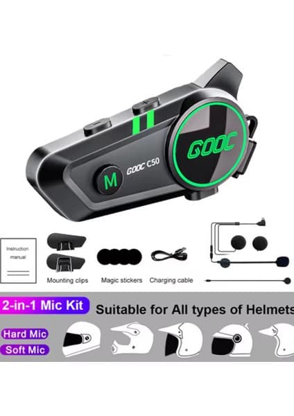 Hsc Bilişim C50 2x Motosiklet Intercom Kask Kulaklık 1000 Mah Rgb Işıklı Çift Eşleşme