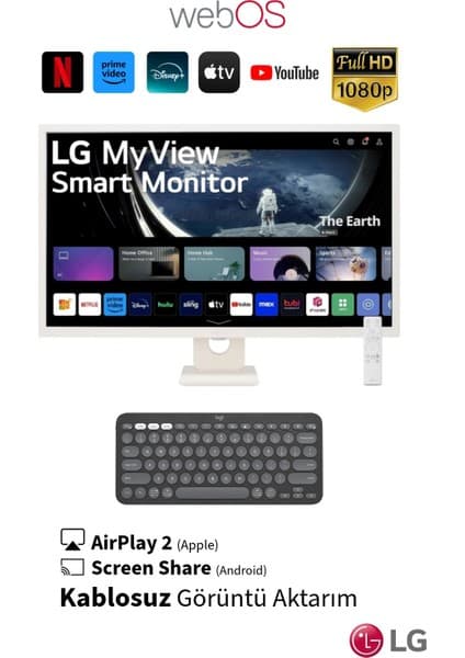LG Webos Akıllı Tv Wi-Fi Apple-Android Kablosuz Bağlantı IPS 1920X1080 Fulhd 27 Inç 70 Ekran Smart Kumandalı Monitör Tv+ Logitech Kablosuz Klavye